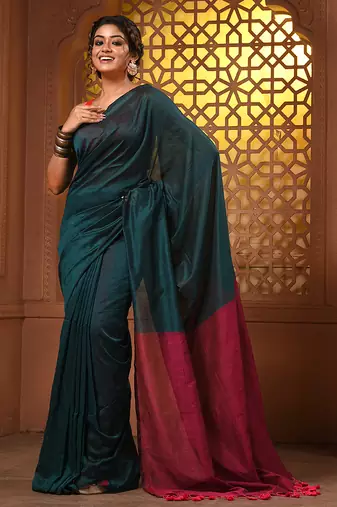 Teal cotton soft saree with contrast magenta pallu