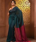 Teal cotton soft saree with contrast magenta pallu