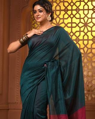Teal cotton soft saree with contrast magenta pallu 4