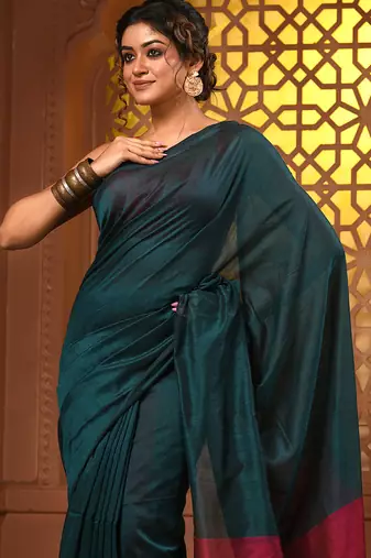 Teal cotton soft saree with contrast magenta pallu