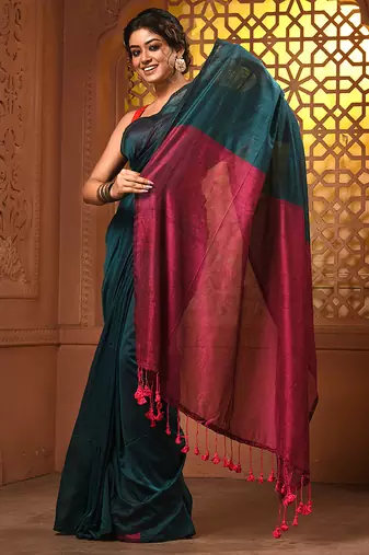 Teal cotton soft saree with contrast magenta pallu