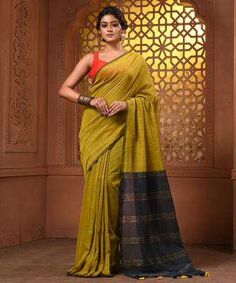 Corn yellow cotton soft saree with zari stripe pallu 1