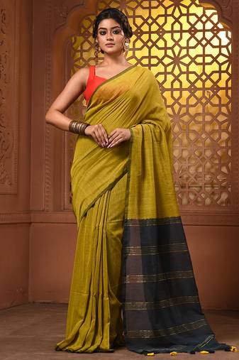 Corn yellow cotton soft saree with zari stripe pallu