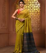 Corn yellow cotton soft saree with zari stripe pallu
