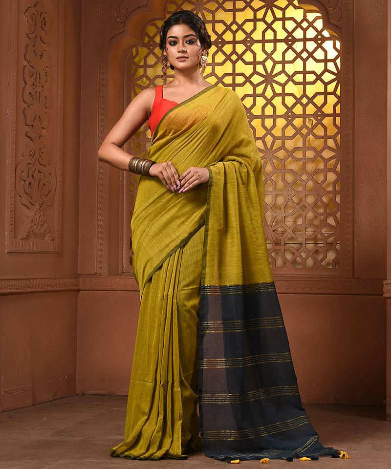 Corn yellow cotton soft saree with zari stripe pallu