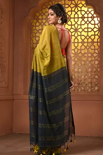 Corn yellow cotton soft saree with zari stripe pallu