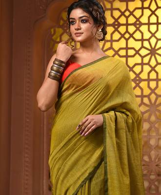 Corn yellow cotton soft saree with zari stripe pallu 5