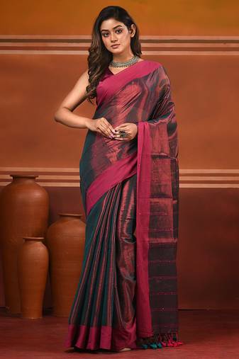 Red and pink dual tone stripe pattern tissue saree with sequin work