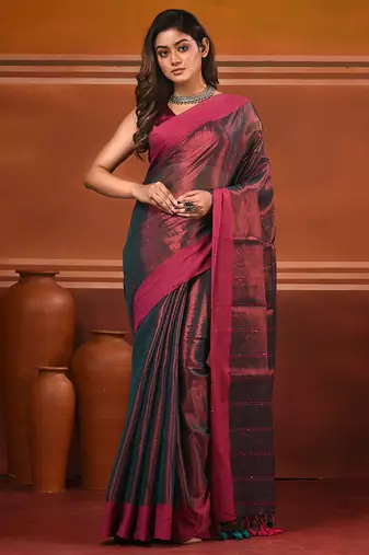 Red and pink dual tone stripe pattern tissue saree with sequin work