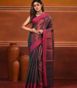 Red and pink dual tone stripe pattern tissue saree with sequin work