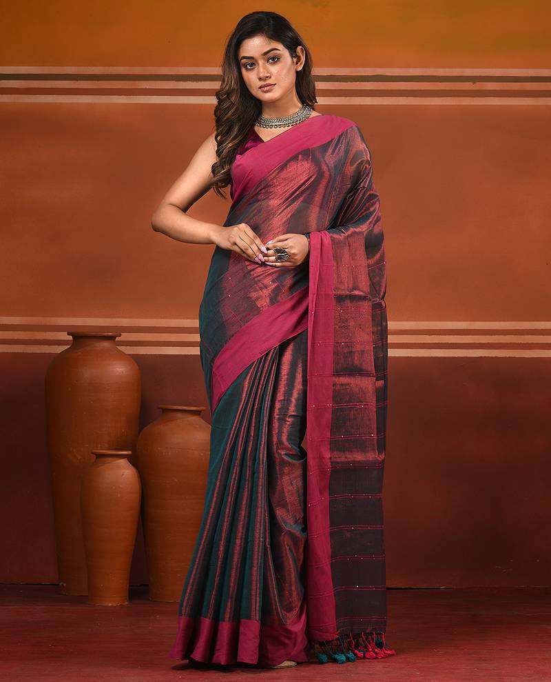 Red and pink dual tone stripe pattern tissue saree with sequin work