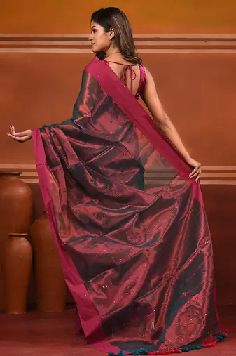 Red and pink dual tone stripe pattern tissue saree with sequin work