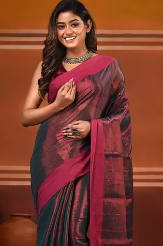 Red and pink dual tone stripe pattern tissue saree with sequin work