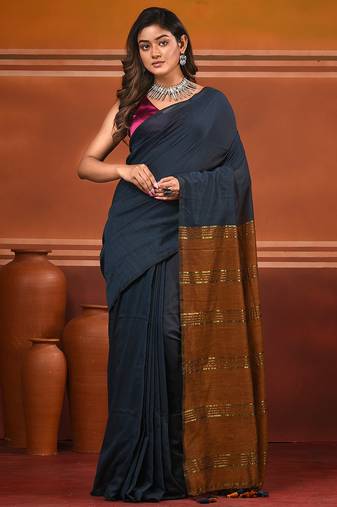 Grey and mustard soft cotton saree with zari strpie pallu