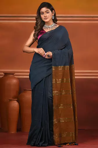 Grey and mustard soft cotton saree with zari strpie pallu
