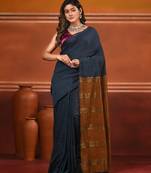 Grey and mustard soft cotton saree with zari strpie pallu