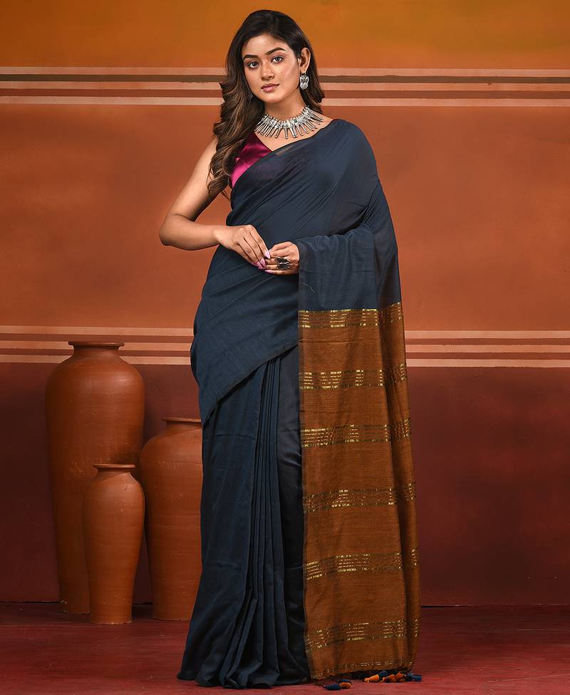 Grey and mustard soft cotton saree with zari strpie pallu