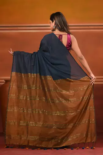 Grey and mustard soft cotton saree with zari strpie pallu