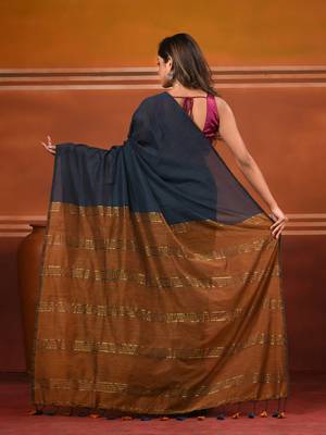Grey and mustard soft cotton saree with zari strpie pallu 3