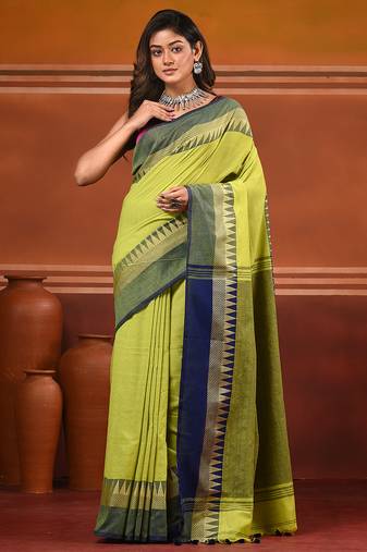Lime green and navy blue cotton saree with geometric woven border