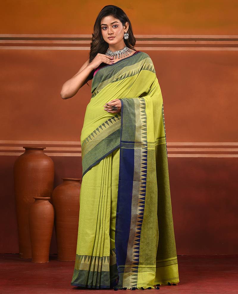 Lime green and navy blue cotton saree with geometric woven border