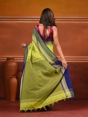 Lime green and navy blue cotton saree with geometric woven border 2