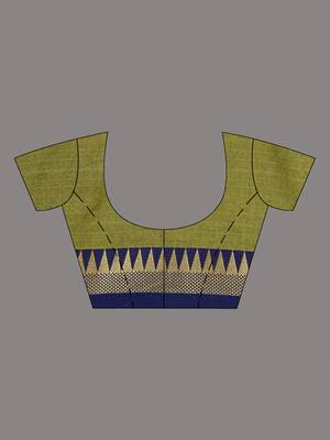 Lime green and navy blue cotton saree with geometric woven border 4