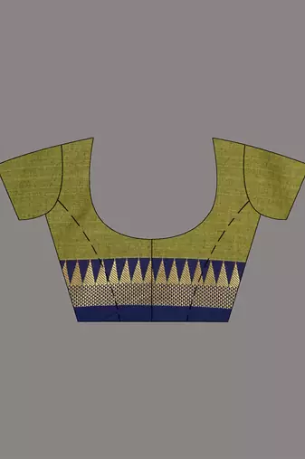 Lime green and navy blue cotton saree with geometric woven border