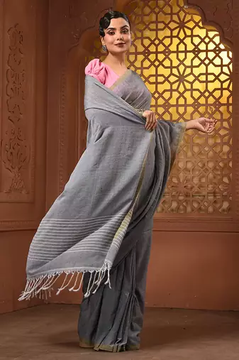 Grey cotton handwoven saree with stripes pallu