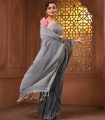 Grey cotton handwoven saree with stripes pallu