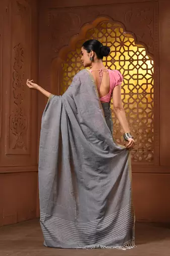Grey cotton handwoven saree with stripes pallu