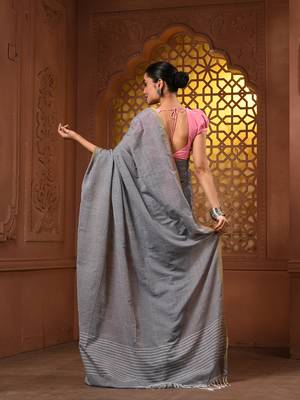 Grey cotton handwoven saree with stripes pallu 3
