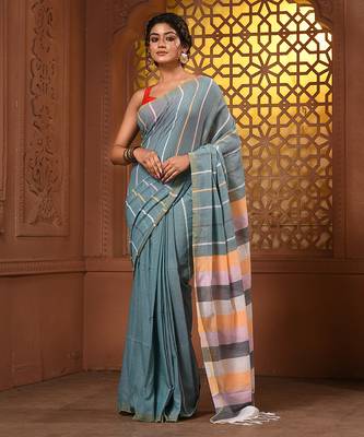 Dynasty grey cotton handwoven soft saree with stripe pattern 1