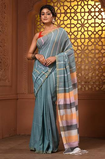 Dynasty grey cotton handwoven soft saree with stripe pattern