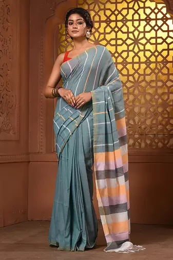 Dynasty grey cotton handwoven soft saree with stripe pattern