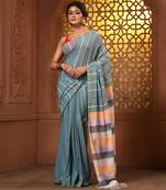 Dynasty grey cotton handwoven soft saree with stripe pattern