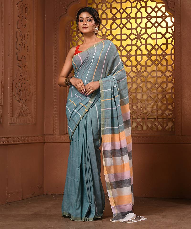Dynasty grey cotton handwoven soft saree with stripe pattern