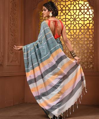 Dynasty grey cotton handwoven soft saree with stripe pattern 3
