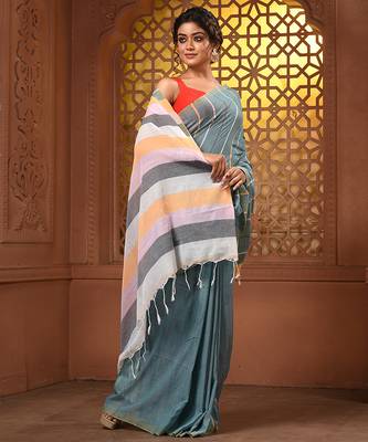 Dynasty grey cotton handwoven soft saree with stripe pattern 5