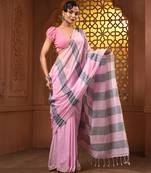 Baby pink and grey cotton handwoven soft saree with stripe pattern