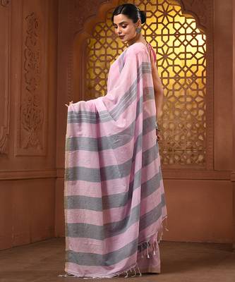 Baby pink and grey cotton handwoven soft saree with stripe pattern 3