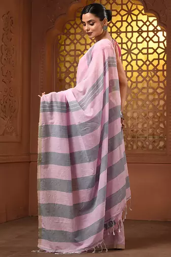 Baby pink and grey cotton handwoven soft saree with stripe pattern