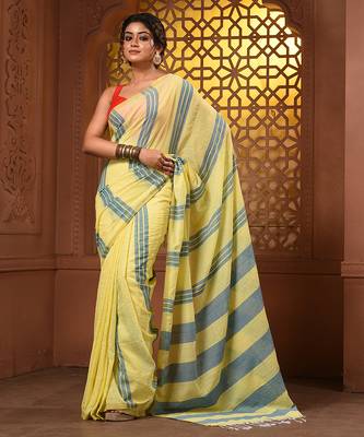 Yellow and teal cotton handwoven soft saree with stripe pattern 1