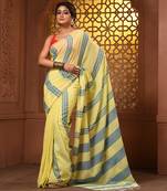 Yellow and teal cotton handwoven soft saree with stripe pattern