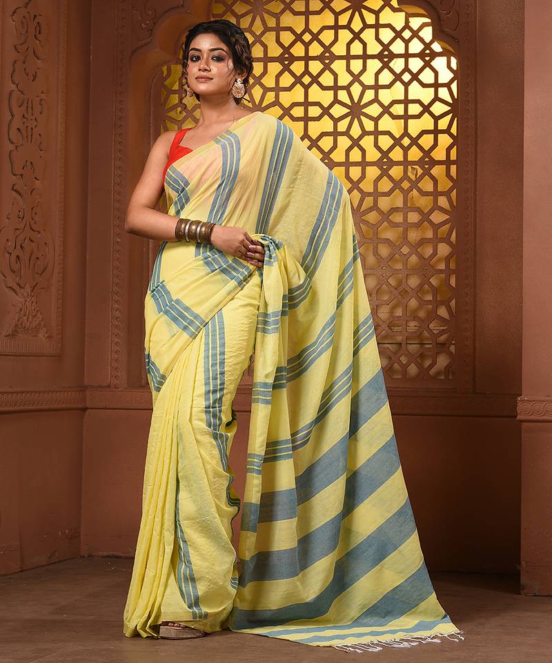 Yellow and teal cotton handwoven soft saree with stripe pattern