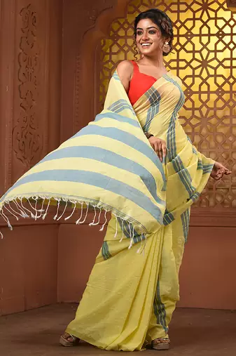 Yellow and teal cotton handwoven soft saree with stripe pattern