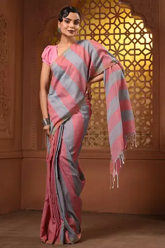 Red and grey cotton handwoven half n half soft saree