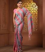 Red and grey cotton handwoven half n half soft saree