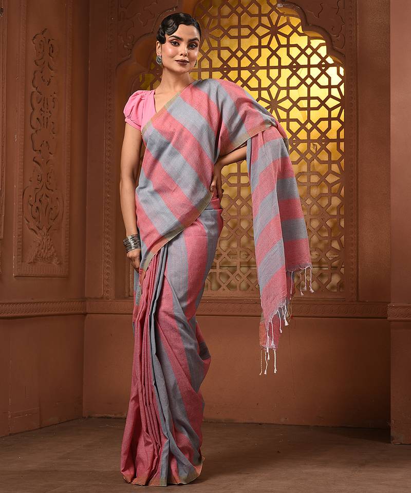 Red and grey cotton handwoven half n half soft saree