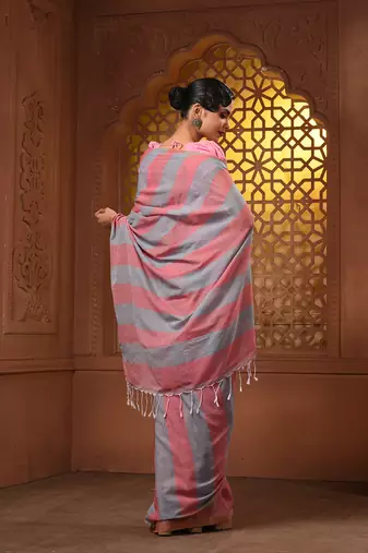 Red and grey cotton handwoven half n half soft saree